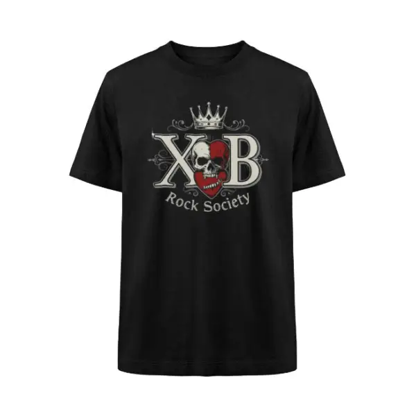 Frontansicht,Rock T-Shirt.Das Oversized Organic Unisex T-Shirt hat eine lockeren bequemen Schnitt und einen hochwertigen Druck einer Kombination aus einen Totenkopf,den Buchstaben XB sowie einer Krone und der Aufschrift Rock Society.