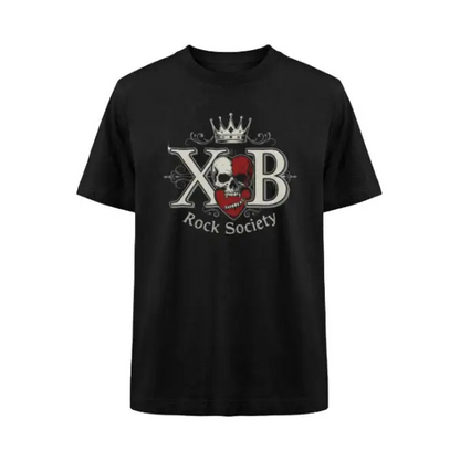 Frontansicht,Rock T-Shirt.Das Oversized Organic Unisex T-Shirt hat eine lockeren bequemen Schnitt und einen hochwertigen Druck einer Kombination aus einen Totenkopf,den Buchstaben XB sowie einer Krone und der Aufschrift Rock Society.