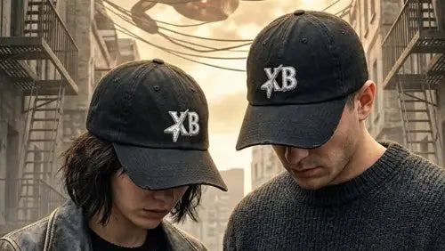 Eine Frau und ein Mann in Industrie Umgebung tragen jeweils ein schwarzes Premium Rock Cap aus 100 % Bio-Baumwolle mit XB Design aus hochwertigem Stick.