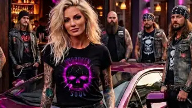 Frau steht mit Freunden vor Bar und trägt ein Premium Rock T-Shirt aus 100% Bio-Baumwolle & einer Grammatur von 215g/m² mit hochwertigem Skull-Design aus Öko-Tex zertifizierten Farben.