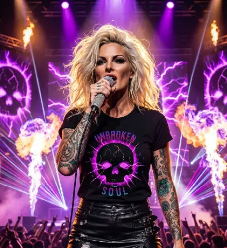 Rocksängerin auf Konzert trägt Premium Rock T-Shirt mit Design Totenkopf Unbroken-Soul von XB.