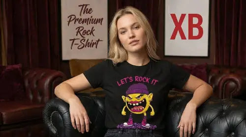 Junge Frau sitzt auf Ledersofa und trägt hochwertiges schwarzes Premium Rock T-Shirt aus 100 % Bio-Baumwolle mit komplexem Monster-Smiley Design aus Öko-Tex zertifizierten Farben sowie einer Grammatur von 180g/m².