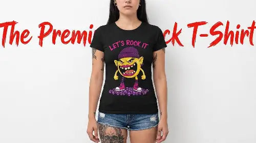 Bildausschnitt einer jungen Frau mit schwarzem Premium Rock T-Shirt aus 100 % Bio-Baumwolle und einer Grammatur von 180g/m² sowie einem komplexen Smiley-Monster Design aus Öko-Tex zertifizierten Farben.