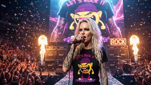 Rock-Sängerin trägt hochwertiges Premium Rock T-Shirt aus 100% Bio-Baumwolle mit komplexem Smiley-Design aus Öko-Tex zertifizierten Farben und einer Grammatur von 180g/m².