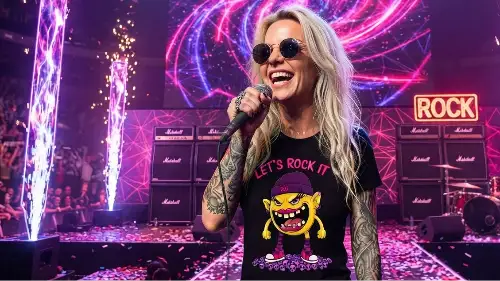 Rocksängerin trägt Premium Rock T-Shirt aus 100% Bio-Baumwolle mit einer Grammatur von 180g/m² und komplexem Smiley-Monster Design aus Öko-Tex zertifizierten Farben.