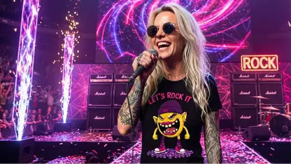 Rocksängerin trägt Premium Rock T-Shirt aus 100% Bio-Baumwolle mit einer Grammatur von 180g/m² und komplexem Smiley-Monster Design aus Öko-Tex zertifizierten Farben.