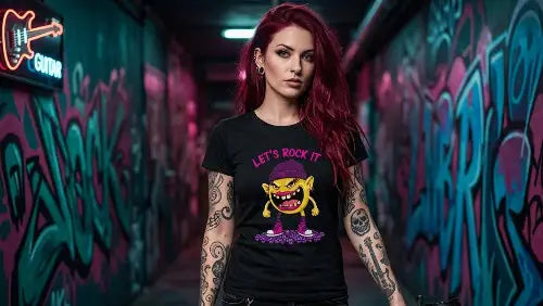 Rothaarige junge Frau trägt hochwertiges schwarzes Premium Rock T-Shirt aus 100 % Bio-Baumwolle und einer Grammatur von 180g/m² mit komplexem Smiley-Monster Design aus Öko-Tex zertifizierten Farben.