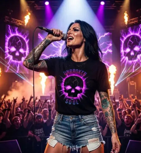 Weiblicher Rockstar auf Bühne trägt Premium Rock T-Shirt mit hochwertigen Skull Design - Unbroken Soul.
