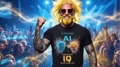 Rockstar umgeben von Fans trägt hochwertiges Premium Rock T-Shirt aus 100% gekämmter Baumwolle mit komplexem AI vs. IQ Design aus Öko-Tex zertifizierten Farben in einer Grammatur von 185g/m².
