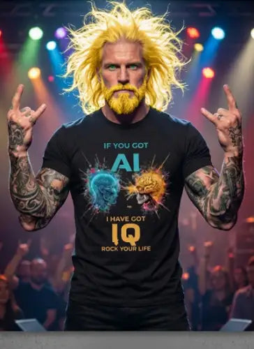 Rockstar auf Bühne trägt komplexes Premium Rock T-Shirt mit AI vs. IQ Design von XB.