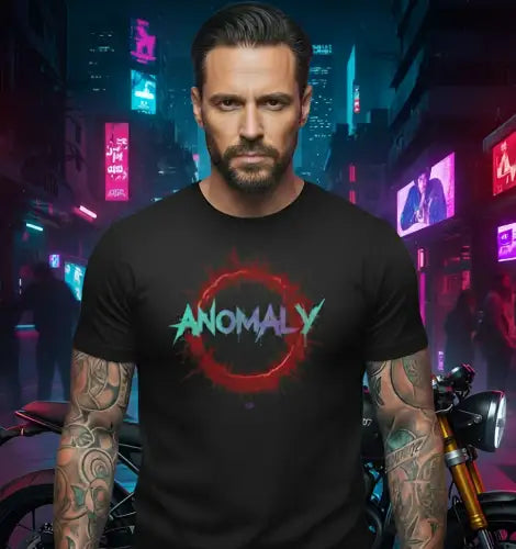Mann vor Motorrad trägt ein Premium Rock T-Shirt für Männer mit komplexem Design-ANOMALY.