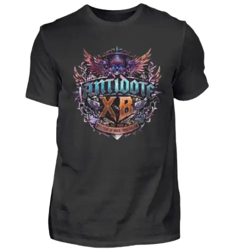 Schwarzes Premium Rock T-Shirt für Männer mit komplexem ANTIDOTE-XB-Design.