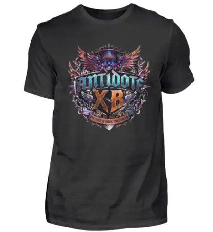 Schwarzes Premium Rock T-Shirt für Männer mit komplexem ANTIDOTE-XB-Design.