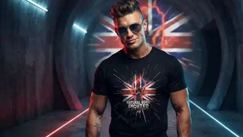 Mann mit Sonnenbrille trägt hochwertiges Premium Rock T-Shirt aus 100% gekämmter Baumwolle mit komplexem Flaggen-Skull Design aus Öko-Tex zertifizierten Farben und einer Grammatur von 185g/m².