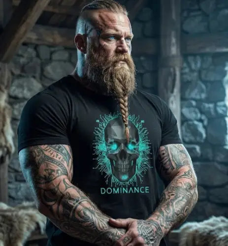 Mann in Berghütte trägt Premium Rock T-Shirt für Männer mit komplexem Skull-Design.