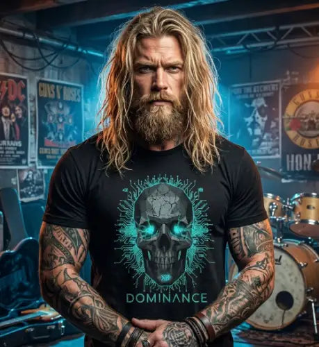 Rocker im Studio trägt ein Premium Rock T-Shirt mit komplexem-futuristischem Skull Design.