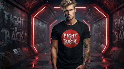 Junger rockiger Mann im Tunnel trägt hochwertiges Premium Rock T-Shirt mit auffälligem Fight-Back Design aus Öko-Tex zertifizierten Farben i einer Grammatur von 185g/m²