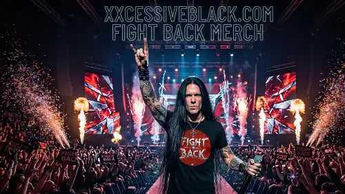 Rockstar trägt hochwertiges Premium Rock T-Shirt aus 100% gekämmter Baumwolle mit Fight-Back Schriftzug aus Öko-Tex zertifizierten Farben & einer Grammatur von 185g/m².