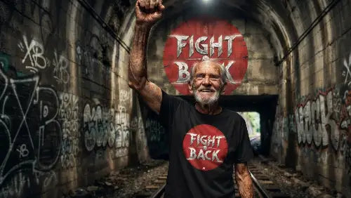 Alter Mann in einem Tunnel trägt schwarzes Premium Rock T-Shirt aus 100% gekämmter Baumwolle mit einer Grammatur von 185g/m² und einem Fight Back Design aus Öko-Tex zertifizierten Farben.
