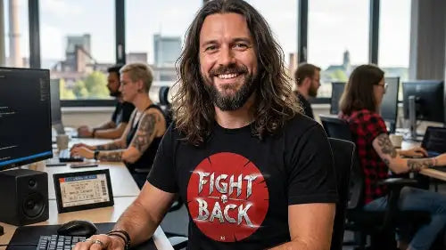Mann im Büro trägt schwarzes Premium Rock T-Shirt aus 100 % gekämmter Baumwolle mit komplexem Fight Back Design aus Öko-Tex zertifizierten Farben sowie einer Grammatur von 185g/m².