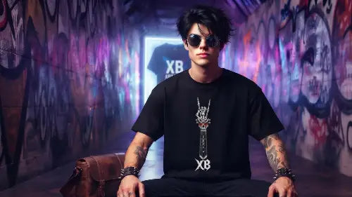 Rockiger junger Typ trägt hochwertiges schwarzes Premium Rock T-Shirt mit komplexem Gitarre-Skull-Design aus Öko-Tex zertifizierten Farben in einer Grammatur aus 240g/m² und 100% Bio-Baumwolle.