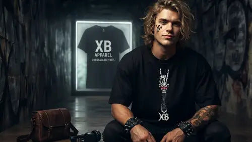 Junger rockiger Mann trägt Heavyweight Premium Rock T-Shirt aus 100% Bio-Baumwolle mit einer Grammatur von 240g/m² sowie einem komplexen Druck einer Skull-Gitarre aus Öko-Tex zertifizierten Farben.