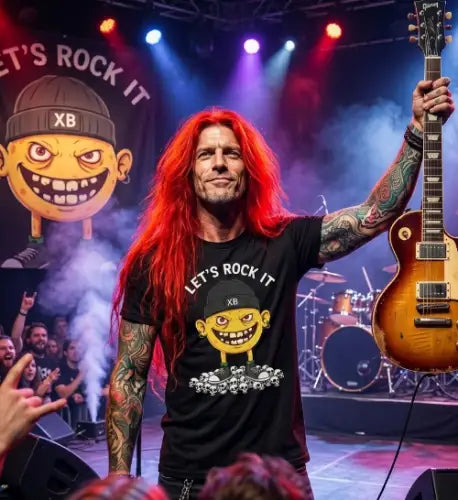 Rockstar in Sieger-Pose auf Bühne trägt Premium Rock T-Shirt mit Rock-Monster-Smiley Design von XB.