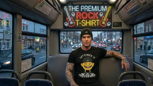 Hinten im Bus sitzt unter einer Werbetafel mit der Aufschrift The Premium Rock T-Shirt ein Mann mit schwarzem Premium Rock T-Shirt aus 100 % gekämmter Baumwolle und einem Design aus Öko-Tex zertifizierten Farben eines komplexen Monster-Smileys.