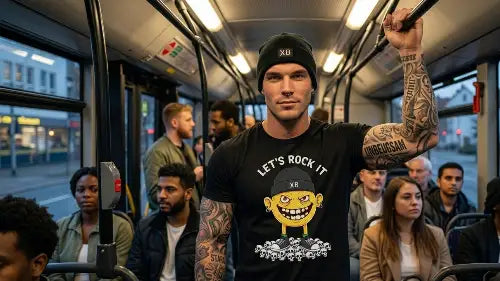 Mann im öffentlichen Verkehrsmittel trägt ein schwarzes Premium Rock T-Shirt aus 100 % gekämmter Baumwolle mit einer Grammatur von 185g/m² sowie einem hochwertigen Monster-Smiley Design aus Öko-Tex zertifizierten Farben.