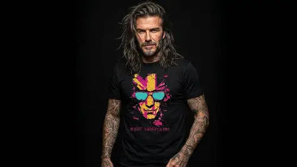 Rockiger reifer Mann trägt hochwertiges schwarzes Premium Rock T-Shirt in einer Grammatur von 185g/m² aus 100 % gekämmter Baumwolle und komplexem Face-Flag Design aus Öko-Tex zertifizierten Farben.