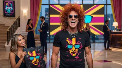 Rockstar in Hotel-Lobby trägt ein Premium Rock T-Shirt aus 100% gekämmter Baumwolle & komplexem Flaggen Design aus Öko-Tex zertifizierten Farben.