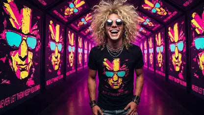 Junger blonder Mann trägt schwarzes Premium Rock T-Shirt mit komplexem Flaggen-Design aus Öko-Tex zertifizierten  Farben in einer Grammatur von 185g/m² und 100% gekämmter Baumwolle.