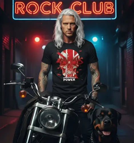 Mann vor Club trägt ein Premium Rock T-Shirt für Männer mit ikonischem Unbreakable-Power-Skull-Design.