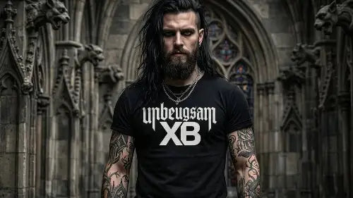 Gothic-Rocker in Kathedrale trägt schwarzes Premium Rock T-Shirt aus 100 % gekämmter Baumwolle mit einer Grammatur von 185g/m² sowie XB-Unbeugsam Design aus Öko-Tex zertifizierten Farben.