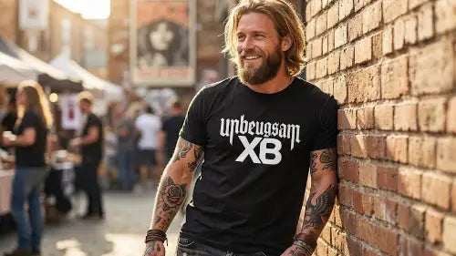 Rockiger blonder Mann mit Bart trägt hochwertiges schwarzes Premium Rock T-Shirt mit einer Grammatur von 185g/m² aus 100 % gekämmter Baumwolle mit XB-Unbeugsam Design aus Öko-Tex zertifizierten Farben.