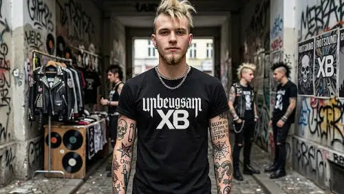 Junger Punk trägt hochwertiges schwarzes Premium Rock T-Shirt mit komplexem XB-Unbeugsam Design aus Öko-Tex zertifizierten Farben sowie einer Grammatur von 185g/mm² aus 100 % gekämmter Baumwolle.