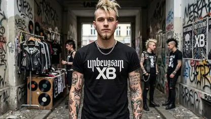 Junger Punk trägt hochwertiges schwarzes Premium Rock T-Shirt mit komplexem XB-Unbeugsam Design aus Öko-Tex zertifizierten Farben sowie einer Grammatur von 185g/mm² aus 100 % gekämmter Baumwolle.