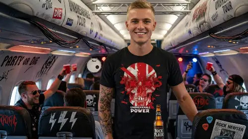 Junger Mann im Party-Flieger trägt schwarzes Premium Rock T-Shirt aus 100 % gekämmter Baumwolle mit hochwertigem Skull Design aus Öko-Tex zertifizierten Farben und einer Grammatur von 185g/m².