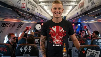 Junger Mann im Party-Flieger trägt schwarzes Premium Rock T-Shirt aus 100 % gekämmter Baumwolle mit hochwertigem Skull Design aus Öko-Tex zertifizierten Farben und einer Grammatur von 185g/m².