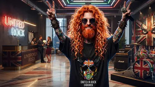 Rothaariger Rockstar in Hotel-Lobby trägt hochwertiges Premium Rock T-Shirt aus einer Grammatur von 240g/m² & 100% Bio-Baumwolle mit komplexem Teufels-Kopf Design aus Öko-Tex zertifizierten Farben.