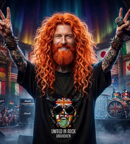 Rothaariger Rockstar trägt das Premium Rock T-Shirt United in Rock von XB.