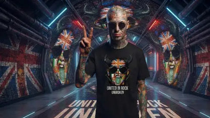 Junger Mann mit Glatze und Tattoos trägt hochwertiges Premium Rock T-Shirt aus 100% Bio-Baumwolle mit einer Grammatur von 240g/m² und komplexem Rock-Kopf Design aus Öko-Tex zertifizierten Farben.