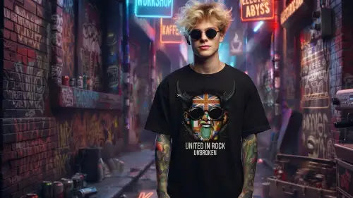 Junger Mann in einer Gasse trägt ein schwarzes Premium Rock T-Shirt mit komplexen rockigem Kopf Design aus Öko-Tex zertifizierten Farben und einer Grammatur von 240g/m².
