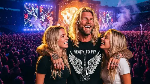 Mann mit Freunden bei einem Konzert trägt ein hochwertiges Premium Rock T-Shirt mit einer Grammatur von 240g/m² und komplexem Gitarren-Flügel Design aus Öko-Tex zertifizierten Farben & 100% Bio-Baumwolle.