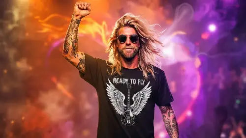 Rockstar trägt Premium Rock T-Shirt aus 100% Bio-Baumwolle mit komplexem Flügel-Gitarren-Design aus ÖkoTex zertifizierten Farben und einer Grammatur von 240g/m².