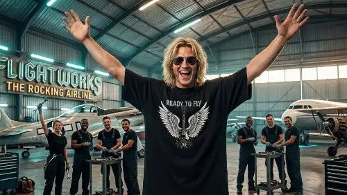 Rockiger Mann im Flugzeug-Hangar trägt hochwertiges schwarzes Premium Rock T-Shirt aus 100 % Bio-Baumwolle mit einer Grammatur von 240g/m² sowie komplexem Flügel Design aus Öko-Tex zertifizierten Farben.