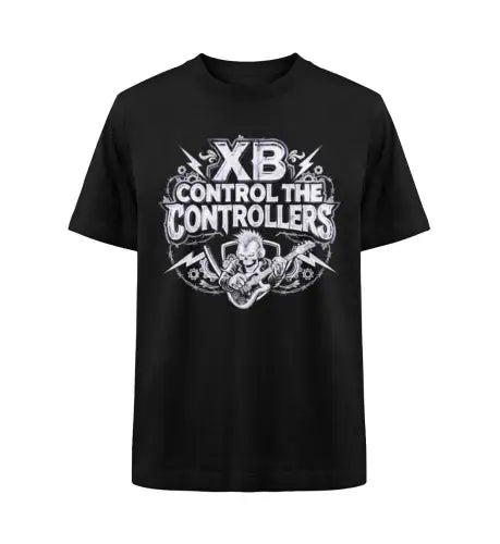 Schwarzes Premium Rock T-Shirt für Männer mit XB-Control The Controllers-Skull-Gitarrist-Design.