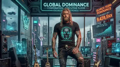 Rocker im Büro trägt Premium Rock T-Shirt aus 100% gekämmter Baumwolle mit komplexem Skull Design aus Öko-Tex zertifizierten Farben in einer Grammatur von 185g/m².