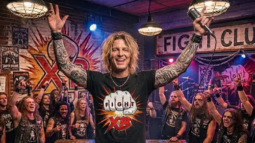 Rock-Sänger im Fight Club trägt hochwertiges schwarzes Premium Rock T-Shirt aus 100 % gekämmter Baumwolle sowie einer Grammatur von 185g/m² und komplexem Faust-Fight Design aus Öko-Tex zertifizierten Farben.