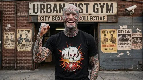 Mann vor Boxing-Club trägt hochwertiges schwarzes Premium Rock T-Shirt aus 100 % gekämmter Baumwolle sowie einer Grammatur von 185g/m² und komplexem Faust-Fight Design aus Öko-Tex zertifizierte Farben.